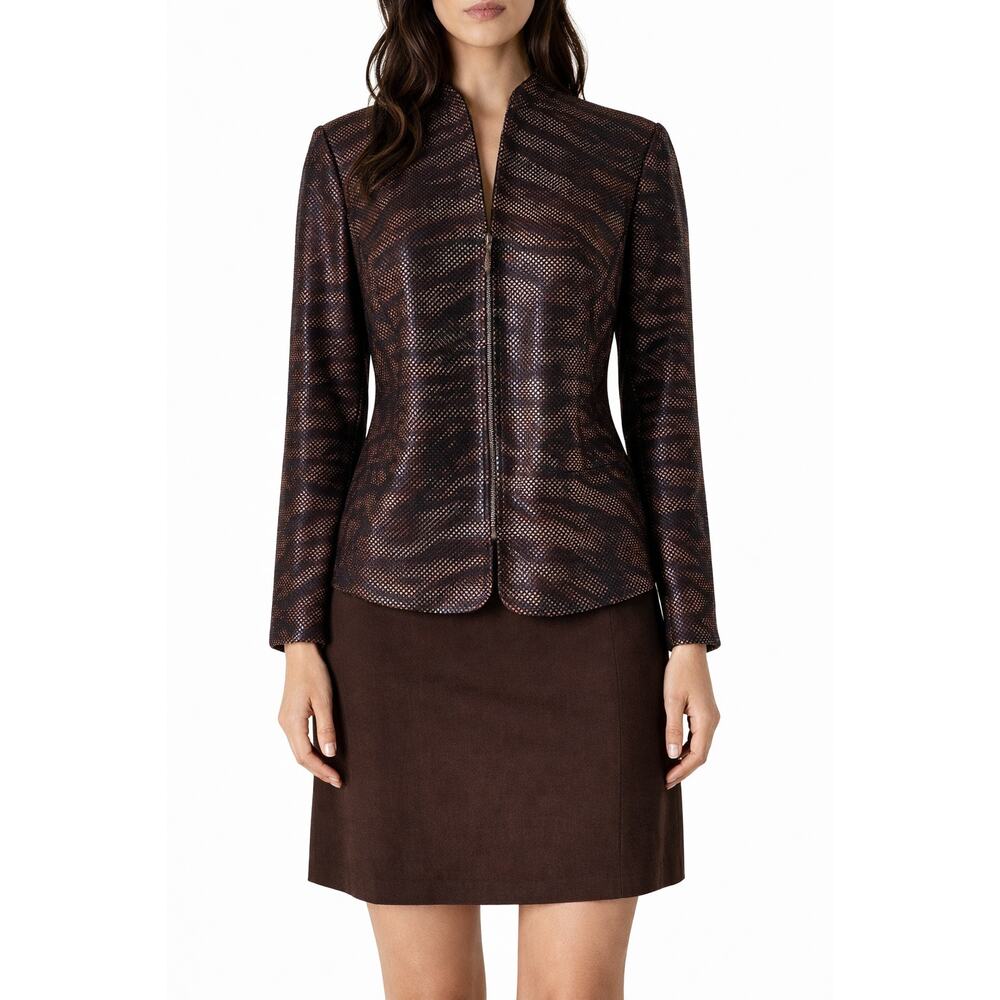 St John Evening Paillettes Tiger Jacket 8 Black Brown Sequin Zip Knit Animal